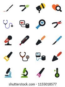 Color and black flat icon set - trowel vector, pruner, saw, stethoscope, blood pressure, thermometer, heart diagnostic, microscope, scalpel, microphone