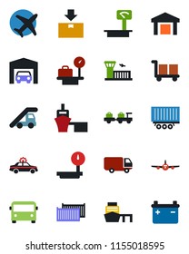 Color and black flat icon set - airport bus vector, alarm car, baggage larry, ladder, plane, luggage scales, building, truck trailer, cargo container, delivery, sea port, warehouse, package, heavy