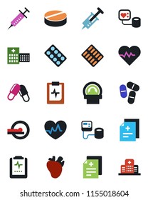 Color and black flat icon set - heart pulse vector, diagnosis, syringe, blood pressure, pills, blister, tomography, real, clipboard, hospital