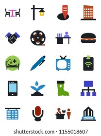 Color and black flat icon set - cafe vector, passport control, flight table, pen, boot, plant label, garden light, hospital bed, reel, tv, microphone, cell phone, manager desk, handshake, city house