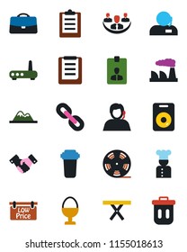Color and black flat icon set - handshake vector, identity card, factory, picnic table, support, clipboard, reel, chain, speaker, case, company, mountains, low price signboard, cook, egg stand
