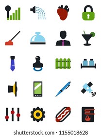 Color and black flat icon set - reception bell vector, gear, watering, hoe, real heart, satellite, speaker, settings, mobile, cellular signal, tie, stamp, pen, fence, estate agent, lock, cocktail