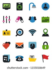 Color and black flat icon set - identity vector, mail, mouse, heart, pills, pin, news, speaker, group, tuning, user, wireless, calendar, monitor statistics, document folder, estate search, lock