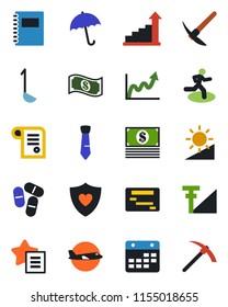 Color and black flat icon set - umbrella vector, plane, growth statistic, pills, run, heart shield, favorites list, calendar, brightness, cellular signal, copybook, tie, ladle, graph, cash, schedule