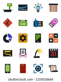 Color and black flat icon set - mobile phone vector, calculator, document, circle chart, office, heavy scales, cell, back, settings, calendar, desk lamp, sold signboard, credit card, smoke detector