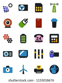 Color and black flat icon set - antenna vector, camera, 24 hours, settings, tv, video, battery, rca, phone back, calculator, sim, printer, sun panel, air conditioner, web, gear, water filter, earth