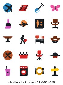 Color and black flat icon set - elevator vector, washer, desk, shovel, butterfly, plane, themes, office chair, meeting, paper tray, manager, table, cafe, phyto bar, dress code, guidepost