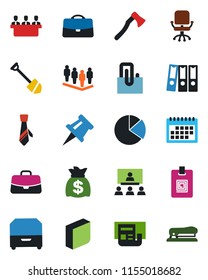 Color and black flat icon set - office chair vector, case, team, money bag, job, axe, calendar, drawing pin, paper clip, pie graph, news, identity card, blank box, binder, meeting, tie, archive