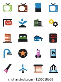 Color and black flat icon set - tv vector, saw, office phone, house with garage, sold signboard, building, bedroom, bathroom, city, irrigation, water heater, home control app, gear, jalousie, police