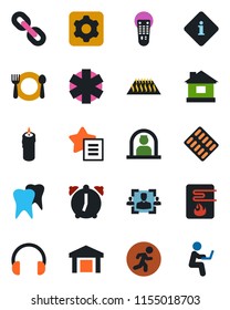 Color and black flat icon set - reception vector, house, pills blister, ambulance star, run, tooth, warehouse, remote control, headphones, chain, favorites list, settings, alarm, hr, cafe, candle