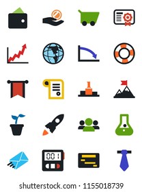 Color and black flat icon set - seedling vector, stopwatch, group, motivation, rocket, wallet, pennon, earth, growth graph, crisis, investment, cart, flask, schedule, management, certificate, mail