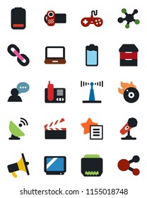 Color and black flat icon set - satellite antenna vector, clapboard, flame disk, microphone, loudspeaker, gamepad, tv, video camera, speaker, laptop pc, radio phone, share, chain, favorites list