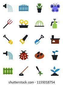 Color and black flat icon set - job vector, flower in pot, shovel, farm fork, seedling, watering, saw, butterfly, lady bug, hoe, fireplace, greenhouse, seeds, garden sprayer, ripper, fence