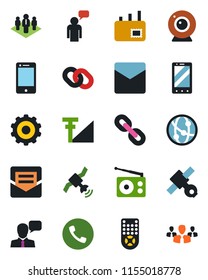Color and black flat icon set - phone vector, mobile, speaking man, gear, satellite, radio, remote control, network, cell, speaker, chain, mail, cellular signal, company, web camera, group