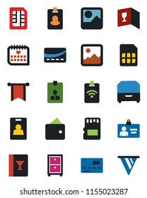 Color and black flat icon set - credit card vector, identity, medical calendar, gallery, sd, sim, archive box, wine, pass, wallet, pennon