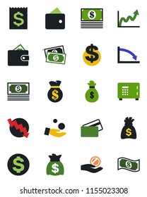 Color and black flat icon set - safe vector, dollar sign, money bag, crisis graph, cash, receipt, credit card, wallet, growth, investment