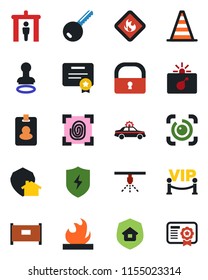 Color and black flat icon set - fence vector, security gate, alarm car, bomb in case, stamp, border cone, flammable, protect, lock, eye id, key, estate insurance, vip zone, fingerprint, home