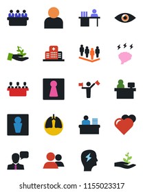 Color and black flat icon set - dispatcher vector, male, female, team, brainstorm, meeting, manager place, heart, lungs, eye, hospital, speaker, group, user, desk, palm sproute