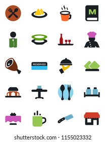 Color and black flat icon set - hot cup vector, spoon and fork, coffee, waiter, cook, alcohol, restaurant table, serviette, cafe, menu, reserved, plates, salt pepper, building, ham, knife