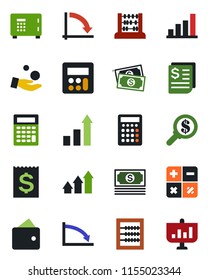 Color and black flat icon set - safe vector, growth statistic, calculator, abacus, crisis graph, cash, receipt, bar, arrow up, wallet, money search, investment, presentation