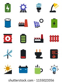 Color and black flat icon set - hot cup vector, oil barrel, battery, low, brightness, charge, desk lamp, sun panel, factory, power plug, water heater, radiator, energy saving bulb, windmill, idea