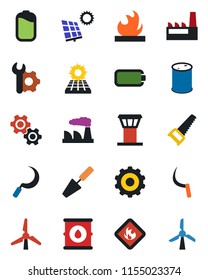 Color and black flat icon set - airport tower vector, gear, factory, trowel, saw, sickle, flammable, oil barrel, battery, root setup, sun panel, windmill