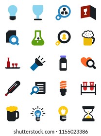 Color and black flat icon set - document search vector, bulb, blood test vial, thermometer, heart diagnostic, ampoule, fragile, torch, client, alcohol, wine card, beer, energy saving, consumer, idea