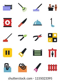 Color and black flat icon set - passport control vector, security gate, rake, pruner, saw, hoe, cargo container, oil barrel, pause button, application, paper clip, dish, ladle, knife, radiator