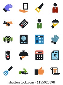 Color and black flat icon set - passport vector, handshake, document, garden fork, glove, saw, finger up, fingerprint id, estate, waiter, remote control, combination lock, palm sproute, contract