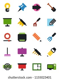 Color and black flat icon set - right arrow vector, presentation board, bulb, job, pencil, garden fork, rake, hdmi, brightness, fingerprint id, drawing pin, plan, rolling, pc