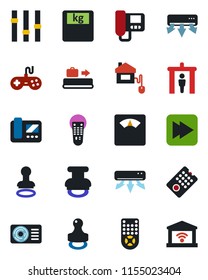 Color And Black Flat Icon Set - Baggage Conveyor Vector, Security Gate, Stamp, Scales, Gamepad, Settings, Remote Control, Fast Forward, Air Conditioner, Home, Intercome, Garage