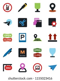 Color and black flat icon set - parking vector, no mobile, laptop, pen, navigation, fragile, up side sign, sd, cut, place tag, sertificate, sale, menu, open close, paper plane