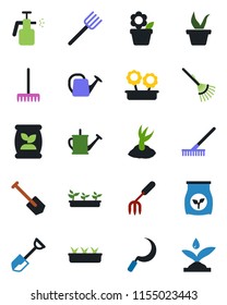 Color and black flat icon set - job vector, flower in pot, garden fork, shovel, farm, rake, seedling, watering can, sproute, sickle, sprayer, fertilizer, irrigation