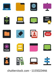 Color and black flat icon set - passport vector, office binder, notebook pc, document, laptop, folder, notes, photo gallery, presentation board, blank box, sale, pass card, certificate, guidepost