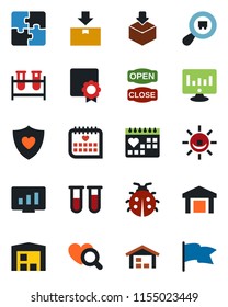 Color and black flat icon set - statistic monitor vector, lady bug, blood test vial, heart diagnostic, shield, medical calendar, warehouse, package, search cargo, application, sertificate, alarm led