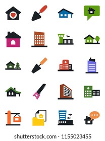 Color and black flat icon set - airport building vector, office, trowel, saw, house, hospital, with garage, tree, estate document, sweet home, city, crane, message