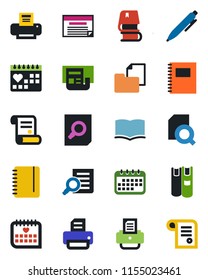 Color and black flat icon set - book vector, document search, pen, notepad, printer, contract, medical calendar, folder, copybook, news, schedule