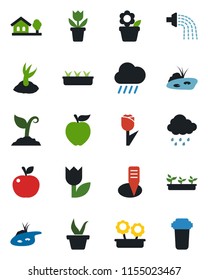 Color and black flat icon set - flower in pot vector, seedling, watering, sproute, rain, plant label, tulip, house with tree, pond, apple fruit, water filter