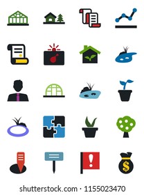 Color and black flat icon set - bomb in case vector, contract, seedling, plant label, greenhouse, pond, important flag, application, point graph, house with tree, fruit, estate agent, eco, money bag