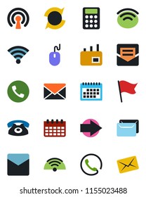 Color and black flat icon set - phone vector, right arrow, mail, mouse, calendar, wireless, update, calculator, flag