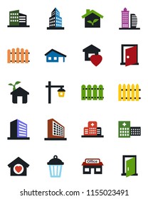 Color and black flat icon set - office building vector, fence, garden light, hospital, store, house with garage, sweet home, eco, door
