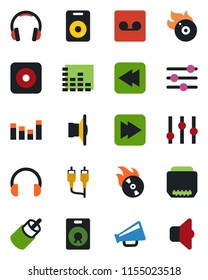 Color and black flat icon set - flame disk vector, speaker, loudspeaker, settings, equalizer, headphones, fast forward, rewind, rec button, rca, hdmi, tuning, record, sound