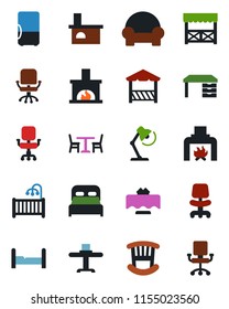 Color and black flat icon set - cafe vector, office chair, desk, fireplace, lamp, bedroom, children room, cushioned furniture, restaurant table, alcove, fridge