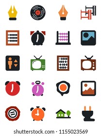 Color and black flat icon set - elevator vector, alarm clock, abacus, stamp, film frame, vinyl, gallery, ink pen, house with tree, tv, power plug
