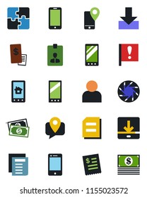 Color and black flat icon set - mobile phone vector, identity card, document, important flag, cash, tracking, cell, camera, user, download, application, restaurant receipt, home control app
