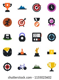 Color and black flat icon set - pedestal vector, medal, bike, run, heavy, clock, stopwatch, target, mountains, award cup