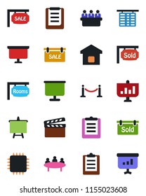 Color and black flat icon set - fence vector, flight table, presentation board, meeting, clipboard, clapboard, sale, rooms, sold signboard, smart home, chip
