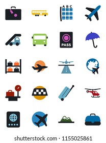 Color and black flat icon set - plane vector, runway, taxi, suitcase, airport bus, umbrella, passport, ladder car, helicopter, seat map, luggage storage, scales, globe, mountains, case