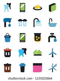 Color and black flat icon set - trash bin vector, shower, bucket, tooth, mobile, blank box, water supply, bathroom, serviette, filter, windmill