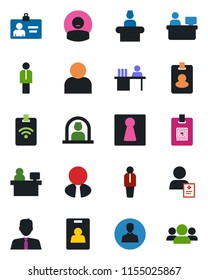 Color and black flat icon set - female vector, reception, manager, identity card, place, patient, user, desk, estate agent, pass, group